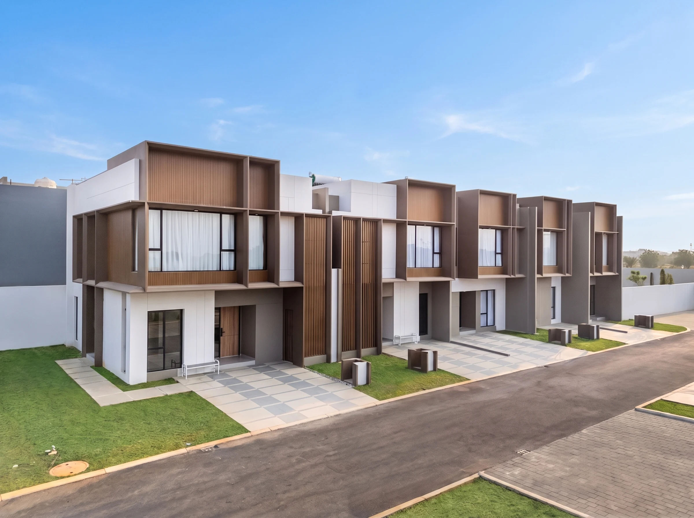 Deretan fasad rumah dua lantai di Cluster Ryil, Sutera Rasuna